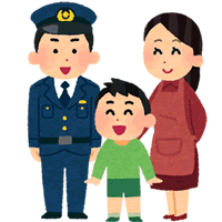 警察官と女性住民に見守られる少年のイメージイラスト