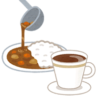 カップになみなみ注がれたコーヒーと、皿いっぱいに盛りつけられるカレーライスのイメージイラスト