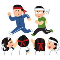 徒競走に興じる成人男性たちと、それを応援する少年少女たちのイメージイラスト