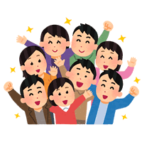 揃って陽気に騒ぐ男女のグループのイメージイラスト