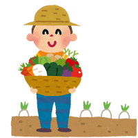 笑顔でザルいっぱいの野菜を持って来る農夫のイメージイラスト