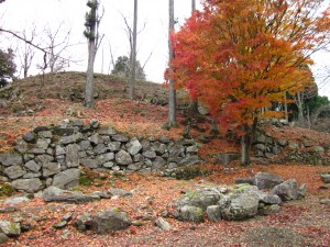 二の丸から本丸方面の若桜鬼ヶ城跡と、そばにある紅く色づいた紅葉の風景の写真