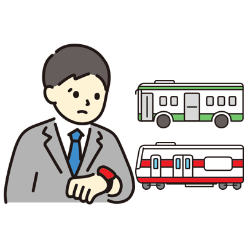 腕時計を見ながら電車やバスを待つ利用予定者のイメージイラスト
