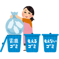 ゴミを種類ごとに分別して廃棄する主婦のイメージイラスト