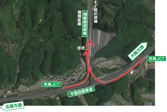 作用ジャンクション出口から鳥取自動車道への移動経路を示した地図のキャプション画像