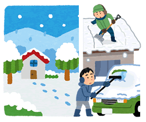家周りが降雪で降り積もって行く様子と、積雪後の屋根や自動車等を除雪する作業を描いたイメージイラスト